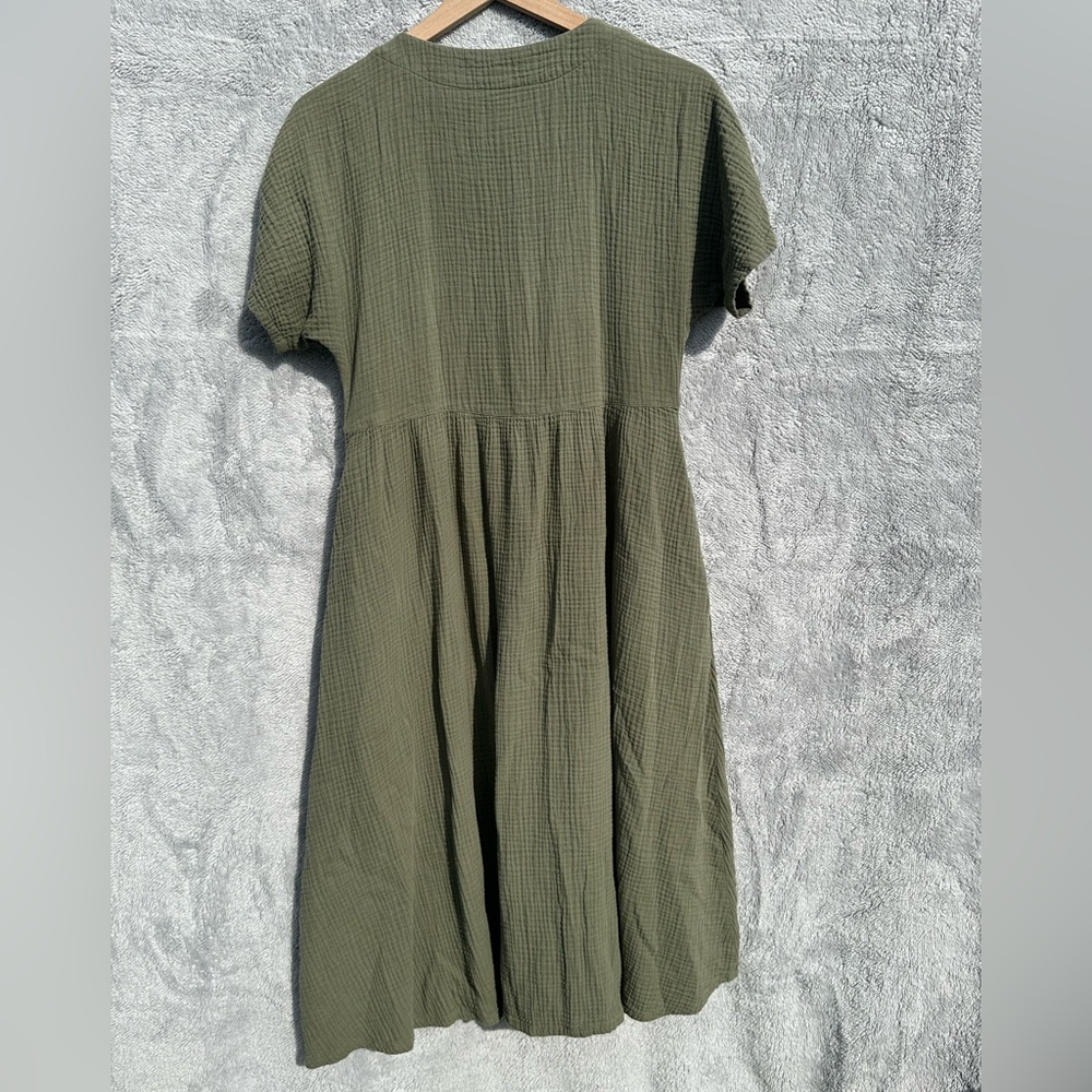 Madewell Olive Green Gauze Button Front Midi Dress XS Cotton Short Sleeve Pocket - Picture 3 of 9